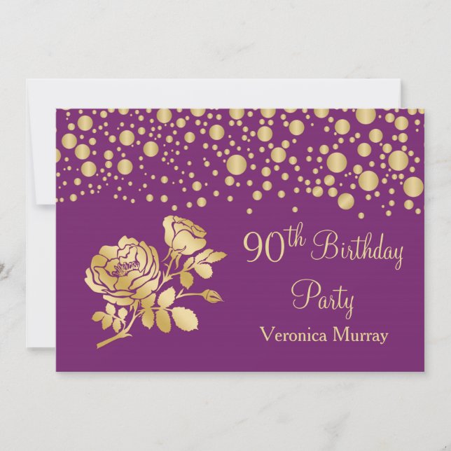 Invitación Confeti dorado, rosa en cumpleaños 90 morado (Anverso)