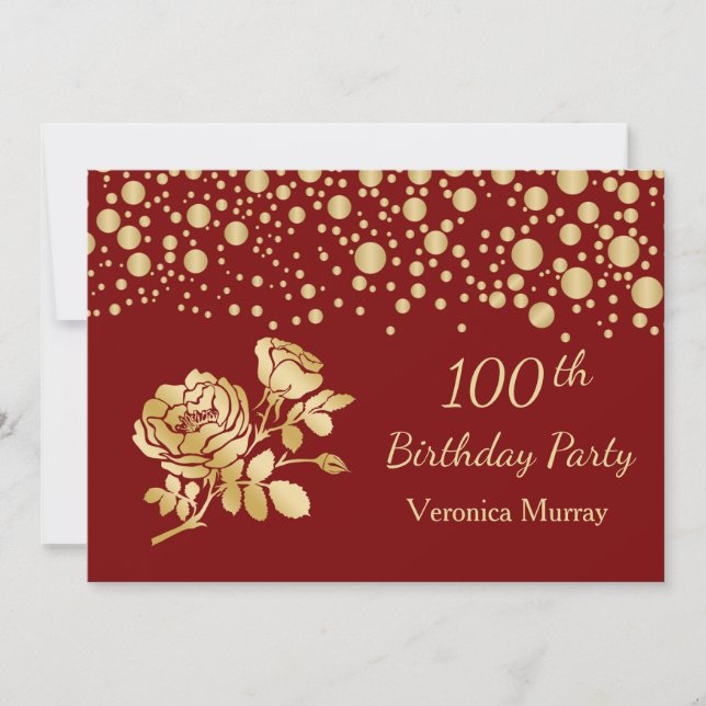 Invitación Confeti dorado, rosa en cumpleaños número 100 rojo (Anverso)