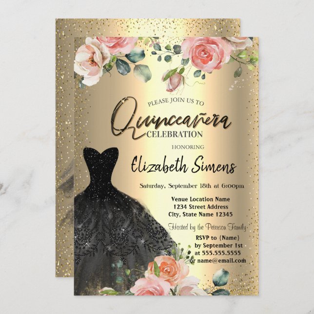 Invitación Confeti Dorado,Rosas Vestido Negro Quinceañera  (Anverso / Reverso)