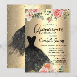 Invitación Confeti Dorado,Rosas Vestido Negro Quinceañera 