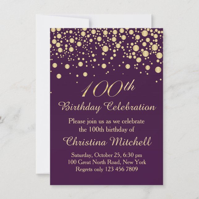 Invitación Confeti dorado sobre la fiesta de cumpleaños 100 d (Anverso)
