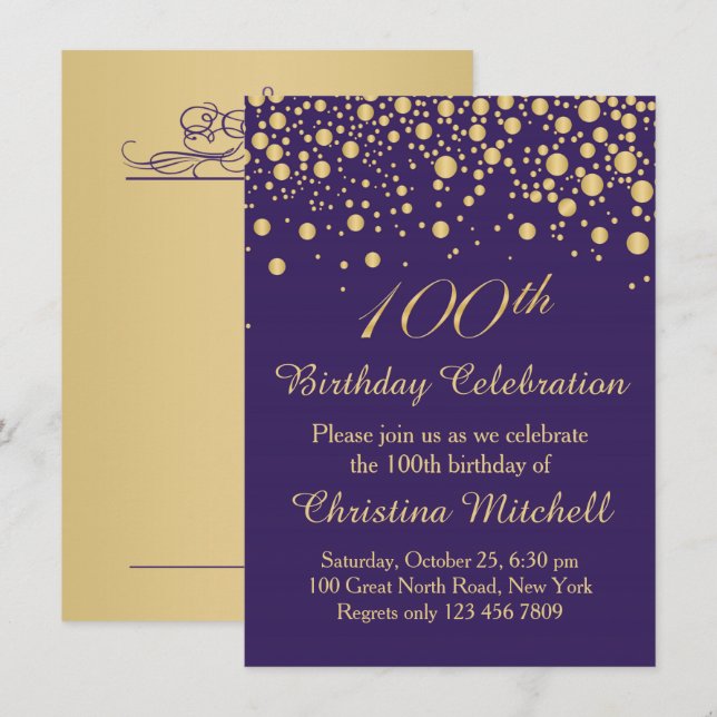 Invitación Confeti dorado sobre la fiesta de cumpleaños 100 d (Anverso / Reverso)