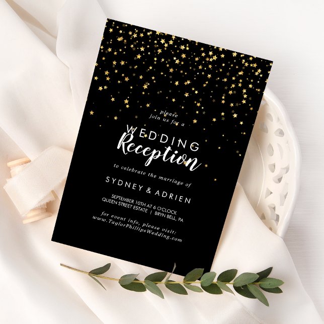 Invitación Confeti dorado | Solo recepción de boda negra (Subido por el creador)