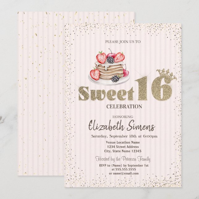 Invitación Confeti dorado,Tortitas,Cumpleaños dulce 16 rayado (Anverso / Reverso)