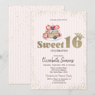 Invitación Confeti dorado,Tortitas,Cumpleaños dulce 16 rayado
