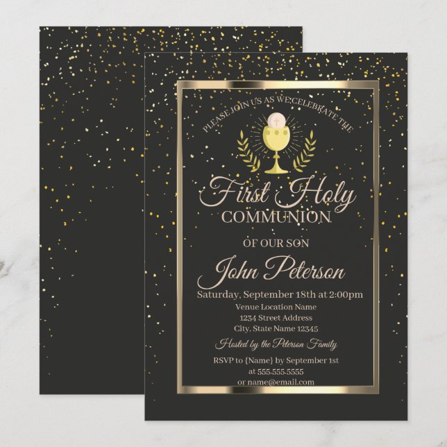 Invitación Confeti Elegante, Cáliz Primera Comunión (Anverso / Reverso)