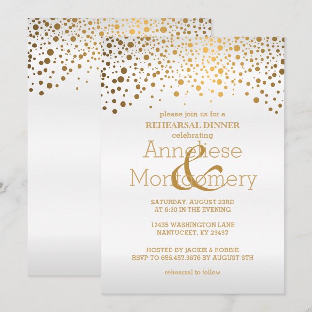 Invitación Confeti elegante del oro y cena blanca del ensayo (Anverso / Reverso)