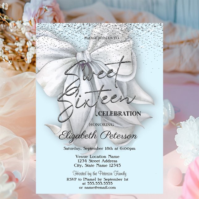 Invitación Confeti Elegante Lazo Blanco Cumpleaños Dulces 16 (Subido por el creador)