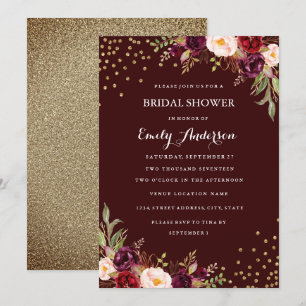 Invitación Confeti Floral de Otoño en Color Dorado Burdeos pa