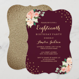 Invitación Confeti Floral Dorado Borgoña Fiesta de Cumpleaños