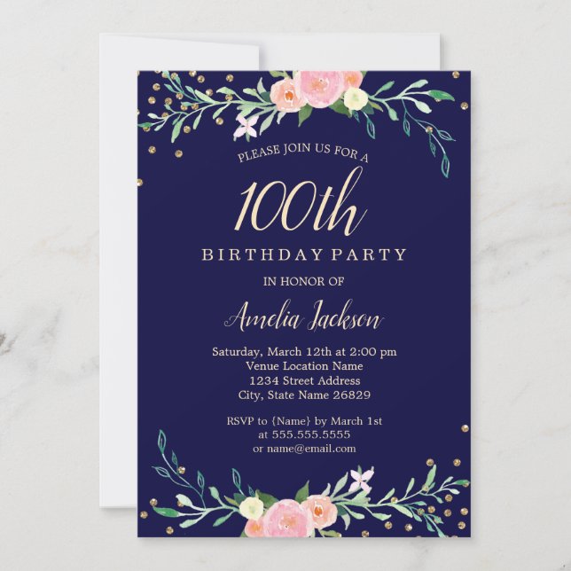 Invitación Confeti Floral Dulce Naval Cumpleaños 100 (Anverso)