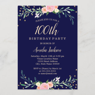 Invitación Confeti Floral Dulce Naval Cumpleaños 100