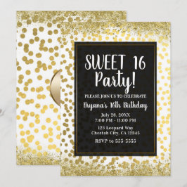 Invitación Confeti Moderno de Hoja Dorada Blanca y Negra para