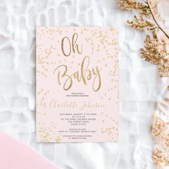Invitación Confeti moderno de Relieve metalizado de oro rosa  (Modern pink gold foil confetti oh baby shower invitation)