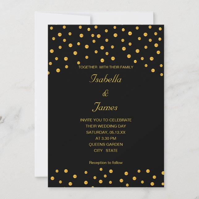 Invitación Confeti negro elegante dorado (Anverso)