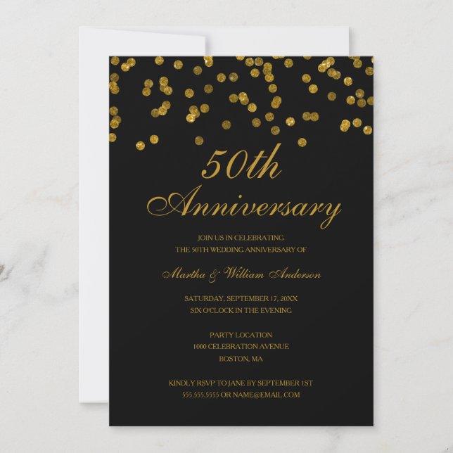 Invitación Confeti negro y dorado 50 aniversario de bodas (Anverso)