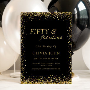 Invitación Confeti Negro y Dorado Cumpleaños Cincuenta y Fabo