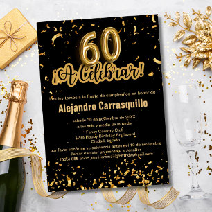 Invitación Confeti Negro y Dorado de Fantasía Español Cumplea