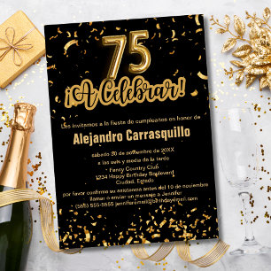 Invitación Confeti Negro y Dorado de Lujo Español Cumpleaños 
