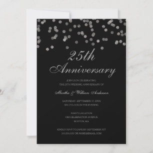 Invitación Confeti Negro y Plateado 25 Aniversario de Boda