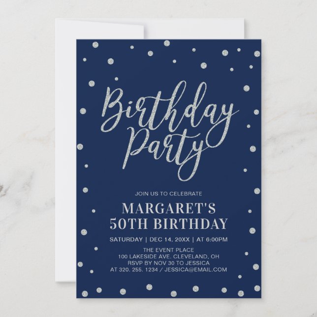 Invitación Confeti Plateado y Azul Marino | Cumpleaños de Adu (Anverso)