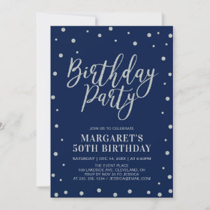 Invitación Confeti Plateado y Azul Marino   Cumpleaños de Adu