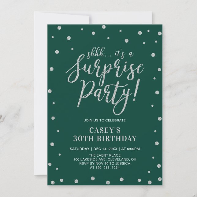 Invitación Confeti Plateado y Verde | Fiesta de Cumpleaños So (Anverso)