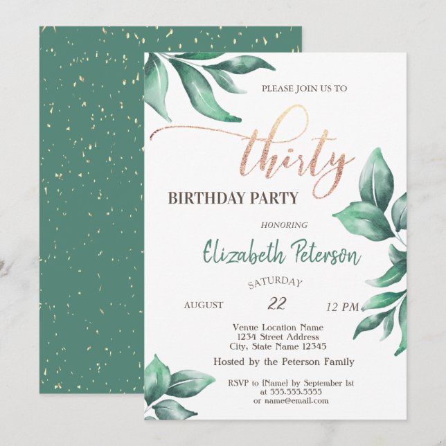 Invitación Confeti, Ramas Cumpleaños 30 (Anverso / Reverso)