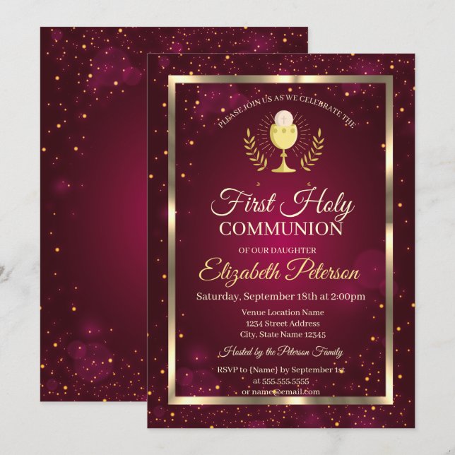 Invitación Confeti Rojo Elegante Primera Comunión (Anverso / Reverso)