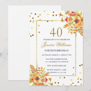 Invitación Confeti Romántico y Ramos de Esquina Cumpleaños 40