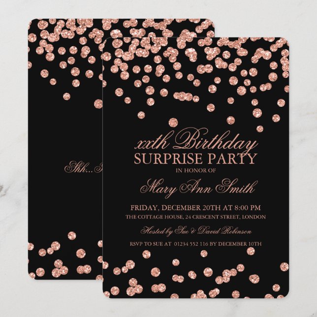 Invitación Confeti subió del purpurina del oro de la fiesta (Anverso / Reverso)