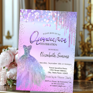 Invitación Confeti, Vestido, Quinceañera de brillo violeta