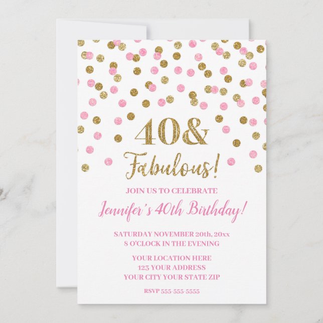 Invitación Confetti 40 Purpurina de oro rosa y fabuloso (Reverso)