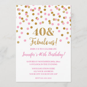 Invitación Confetti 40 Purpurina de oro rosa y fabuloso