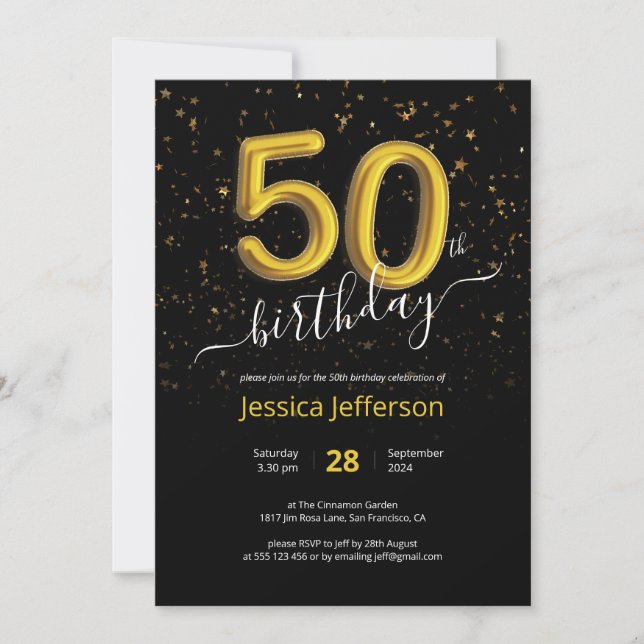 Invitación Confetti 50.º cumpleaños Globo de Oro Negro modern (Anverso)