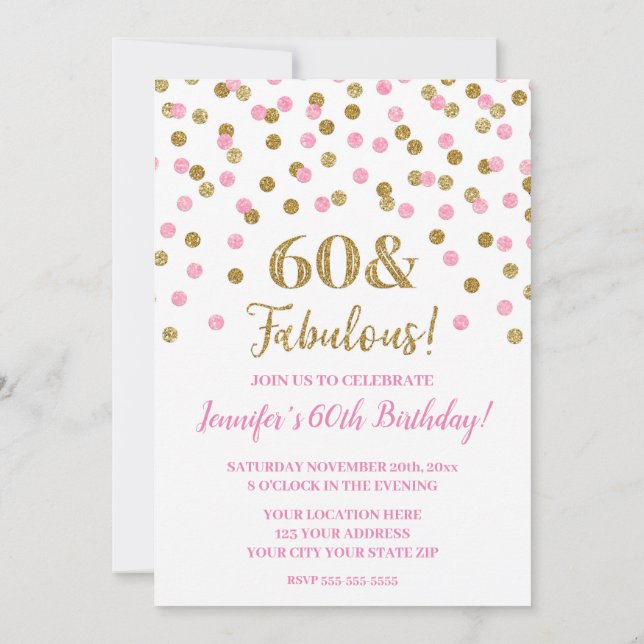 Invitación Confetti 60 Purpurina de oro rosa y fabuloso (Reverso)