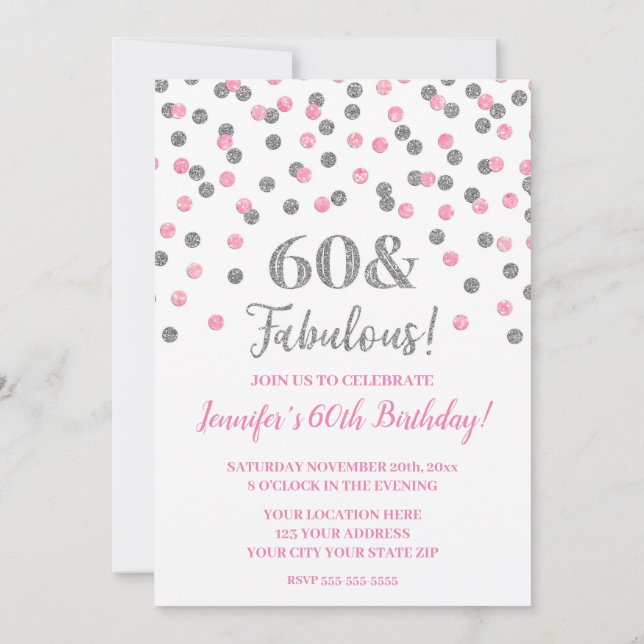 Invitación Confetti 60 Purpurina de plata rosa y fabuloso (Reverso)