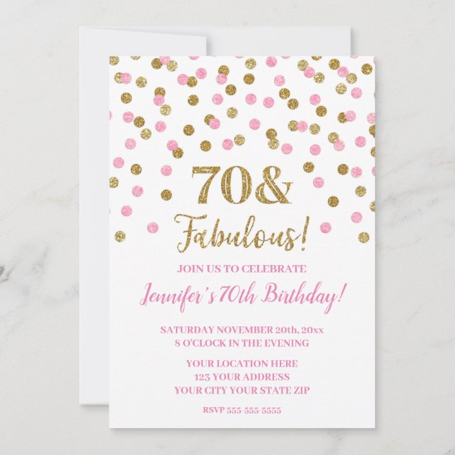 Invitación Confetti 70 Purpurina de oro rosa y fabuloso (Reverso)