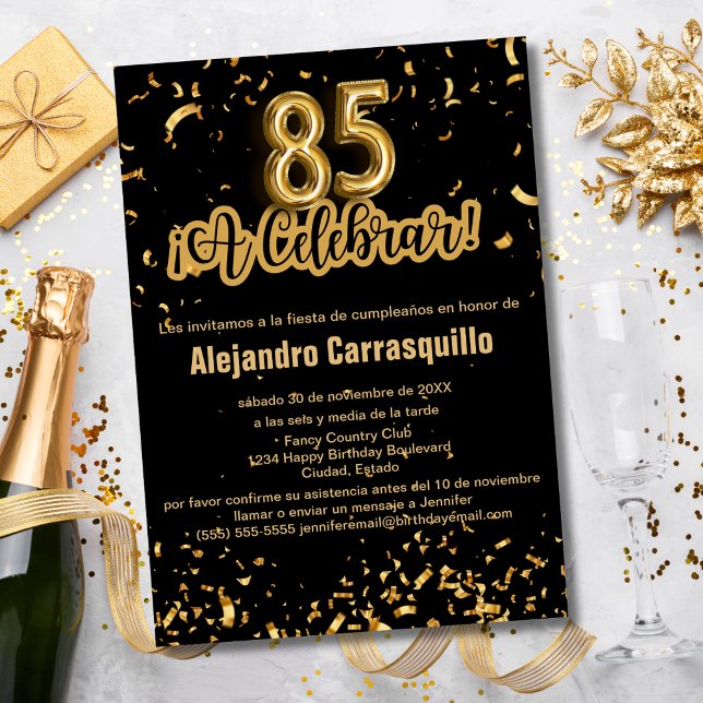 Invitación Confetti 85º cumpleaños de Fancy Black & Gold (Subido por el creador)