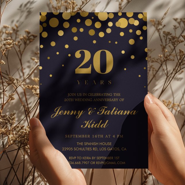 Invitación Confetti azul marino y oro 20° aniversario de boda (Subido por el creador)