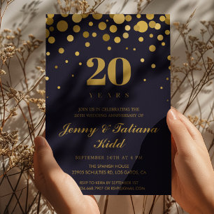 Invitación Confetti azul marino y oro 20° aniversario de boda