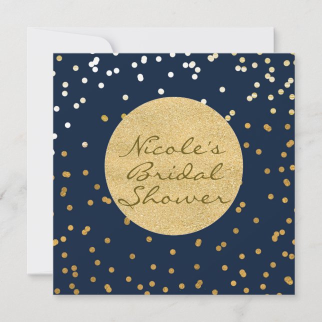 Invitación Confetti azul y dorado brillante de la marina con  (Anverso)
