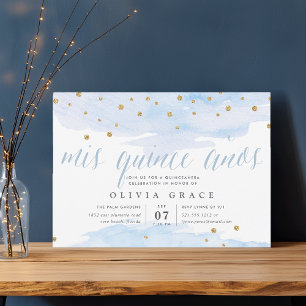 Invitación Confetti azul y oro   Quinceanera acuarela
