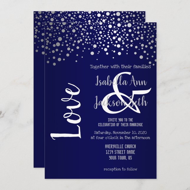 Invitación Confetti azul y plateado de la marina (Anverso / Reverso)