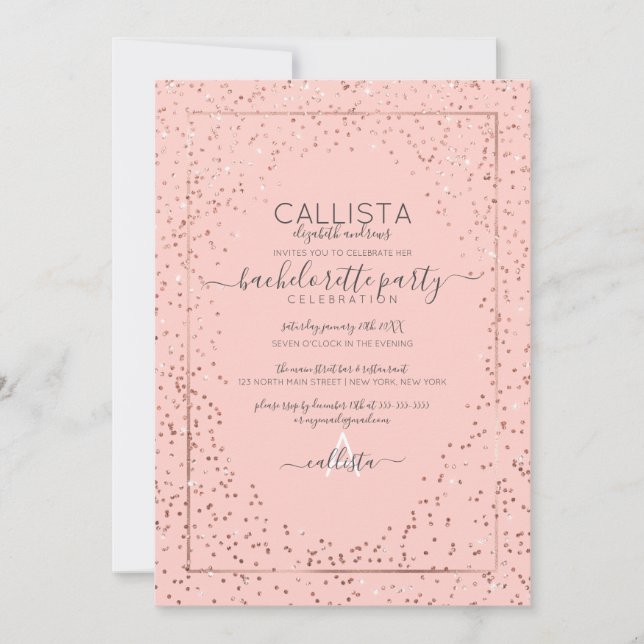 Invitación Confetti Bachelorette, Purpurina de Oro Rosa Rosa  (Anverso)