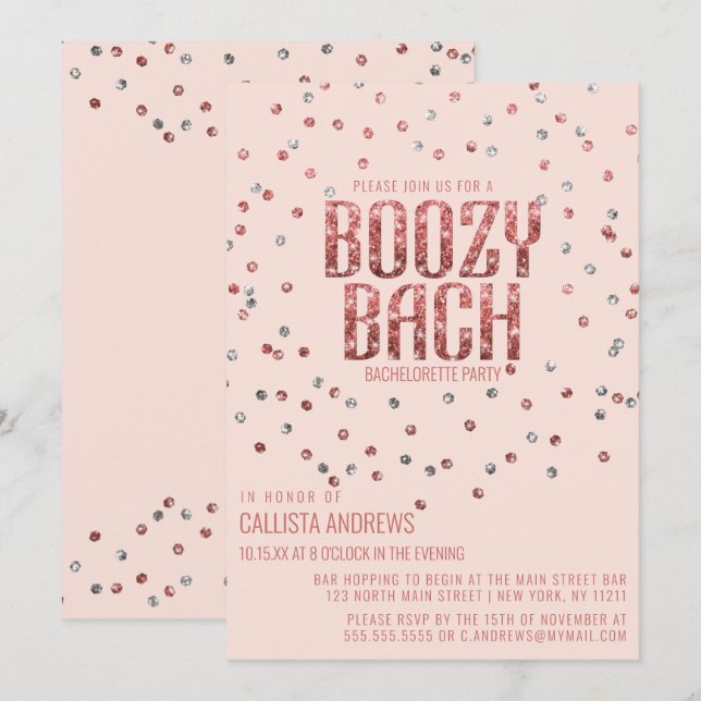 Invitación Confetti Bachelorette, Purpurina Rosa de Plata Dor (Anverso / Reverso)