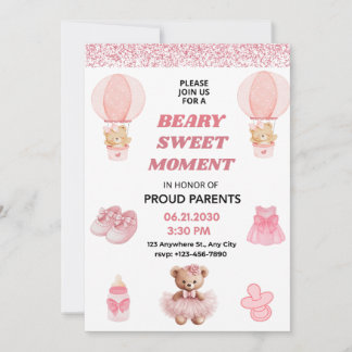 INVITACIÓN CONFETTI, BEARY SWEET MOMENT GIRL 5X7 BABY SHOWER