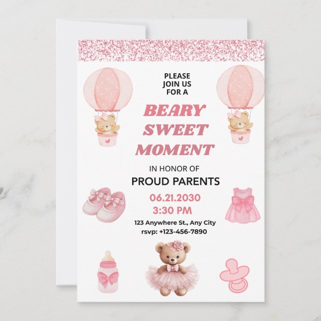 INVITACIÓN CONFETTI, BEARY SWEET MOMENT GIRL 5X7 BABY SHOWER (Anverso)