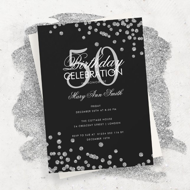 Invitación Confetti Black, Purpurina de Plata de Cumpleaños P (Subido por el creador)