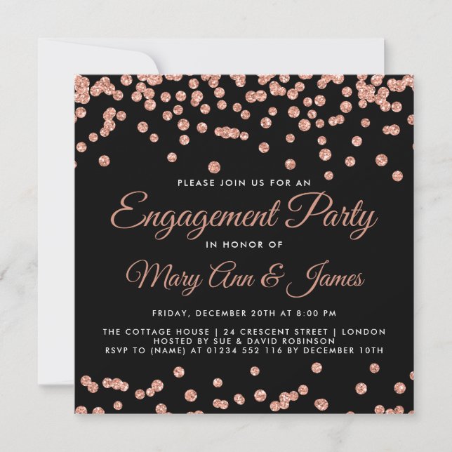 Invitación Confetti Black, Rosa del Partido del Oro, Purpurin (Anverso)